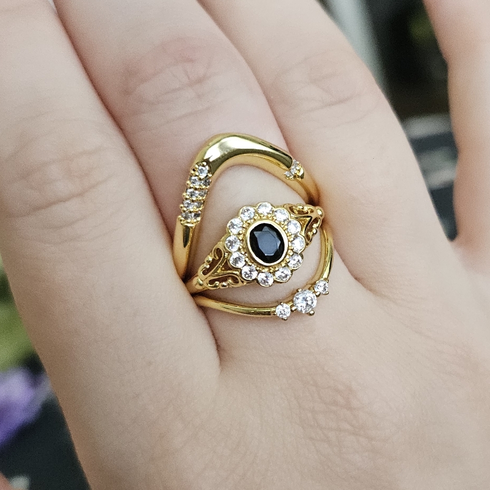 Gold & Black Floral Stacking Ring Set Of 3
